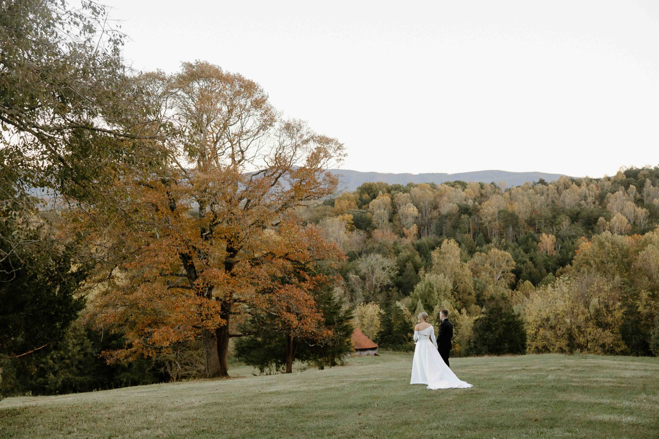 Private estate wedding in Virginia at the bride’s family home featuring outdoor garden ceremony, black tie bride and groom portraits, gold ceremony chairs, candlelit reception tables, wedding dress in window light, bridal getting ready moments, groom preparation details, mountain landscape portraits, and elegant floral wedding design.